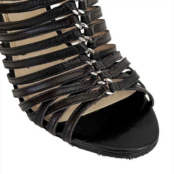 ENZO Angiolini Ginolfi Leather Peep Toe Gladiator Stiletto Heel Booties Black - Picture 14 of 16